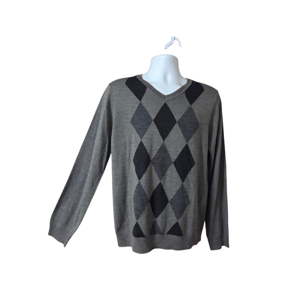 Men's Merino Wool Blend Gray Argyle V-Neck Pullover Sweater M NWT Apt 9
